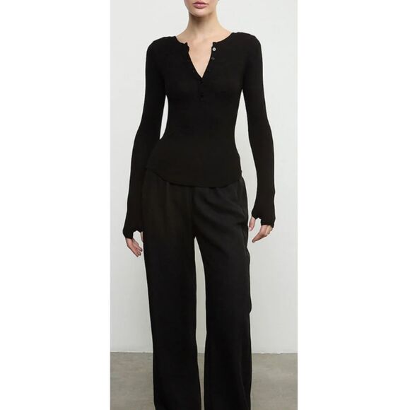 Enza Costa Silk Rib Long Sleeve Baseball Henley Women’s size XS Black Casual Top - Picture 1 of 8